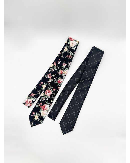 SVNX Blue Minimal Check & Floral Print Tie Set for men