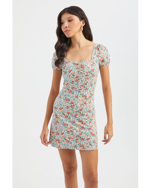 Hiccup White Floral Square Neck Short Sleeve Mini Dress