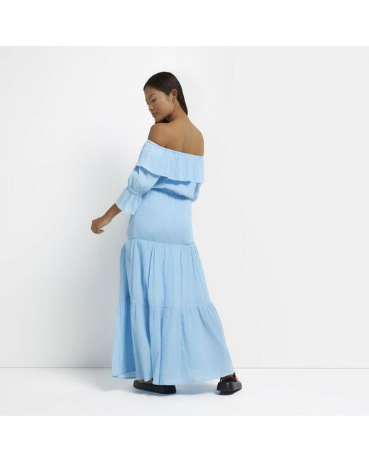 River Island Blue Bardot Maxi Dress Petite Nola Cotton