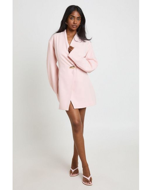 Boohoo Pink Structured Shoulder Pad Wrap Balloon Sleeve Blazer Dress