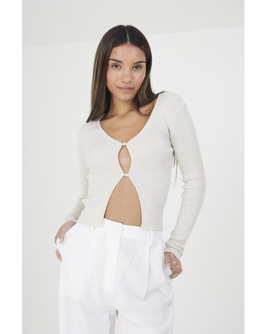 Brave Soul White 'Sasha' Ribbed Knitted V-Neck Cardigan Cotton/Acrylic