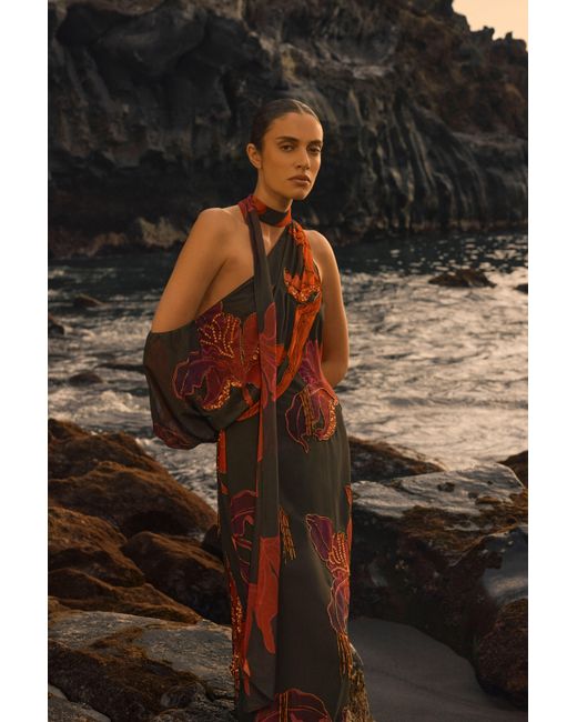 Karen Millen Black Embellished One Shoulder Printed Maxi Dress