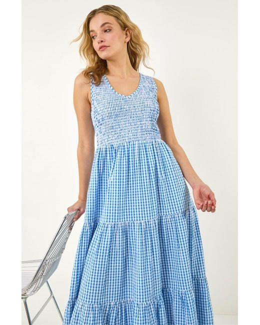 D.u.s.k Blue Gingham Tiered Midi Dress