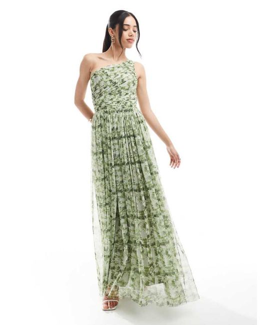 LACE & BEADS Green One Shoulder Maxi Dress