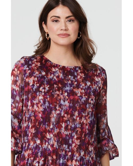 Izabel London Red Animal Print Pleated 3/4 Sleeve Blouse