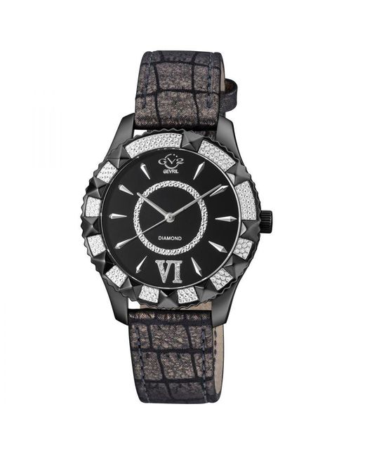 Gv2 Black Venice Swiss Quartz Diamond Mop Dial Leather Watch