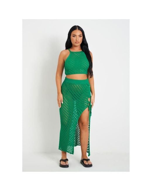 Missy Empire Green Missy Empire Knit Beach Crop Top And Midi Skirt Set