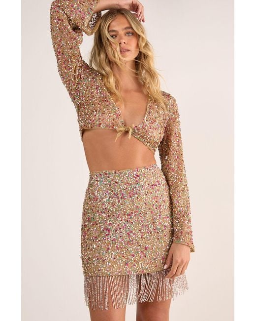 Nasty Gal Natural Metallic Net Sequin Pearl Tassel Tie Side Mini Skirt