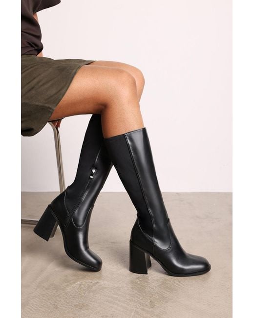 Where's That From Black Wheres 'Macy' Faux Leather Knee High Stretch Boots With Block Heel Zip