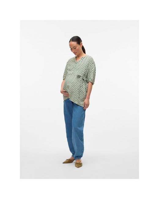 Mama.licious Green Notched Neck Puff Sleeve Three Quarter Blouse