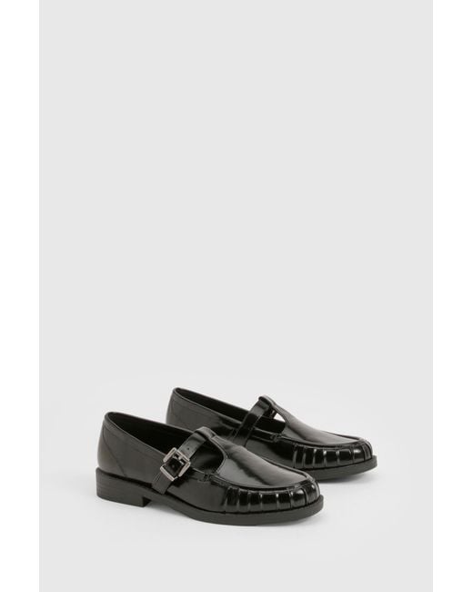 Boohoo Black Ruched Detailed T Bar Loafers