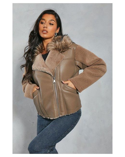 MissPap Gray Faux Fur And Borg Panelled Leather Look Aviator Coat
