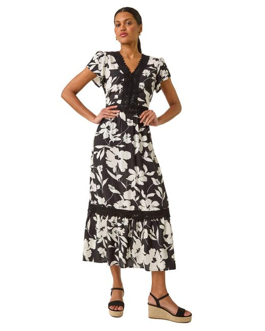 Roman White Floral Print Lace Trim Midi Dress