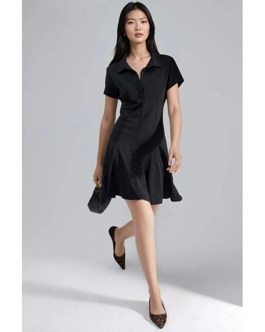 Busem Black Crepe Mini Dress With Button Closure And Polo Collar