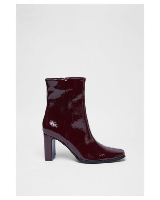 Warehouse Red Sqaure Toe Patent Block Heel Ankle Boot
