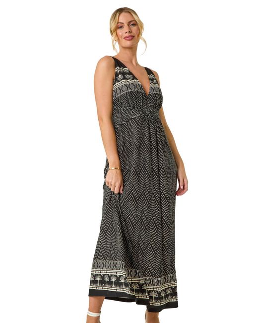 Roman Black Petite Palm Print Border Maxi Dress