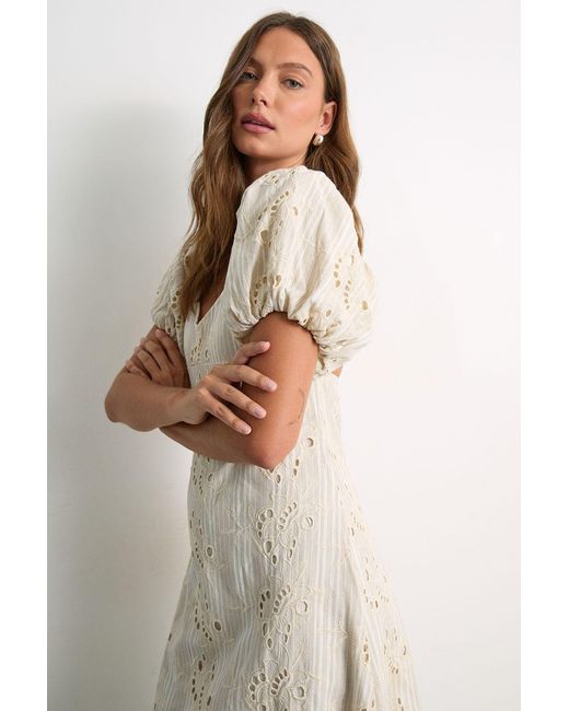 Warehouse Natural Stripe Cotton Broderie Midi Dress