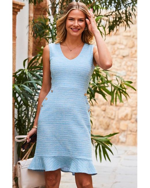 Sosandar Blue Soft Boucle Ruffle Hem Pencil Jersey Dress