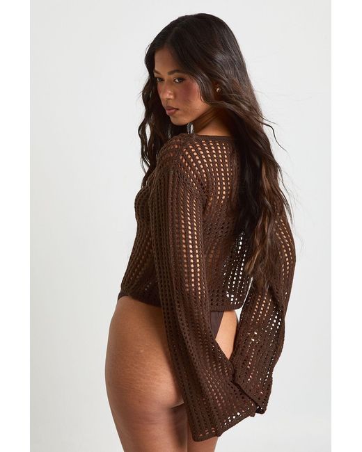Boohoo Brown Beach Flare Sleeve Crochet Top
