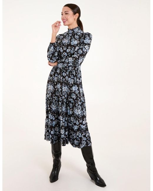 Blue Vanilla Blue High Neck Shirred Floral Midi Dress