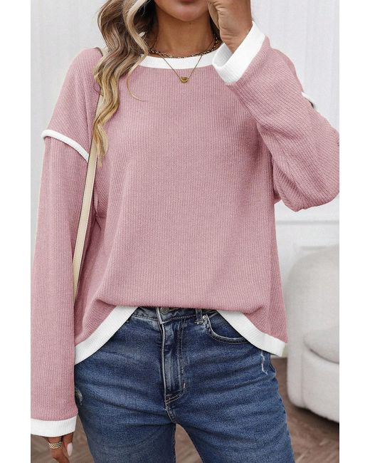Azura Exchange Pink Contrast Trim Long Sleeve Knit