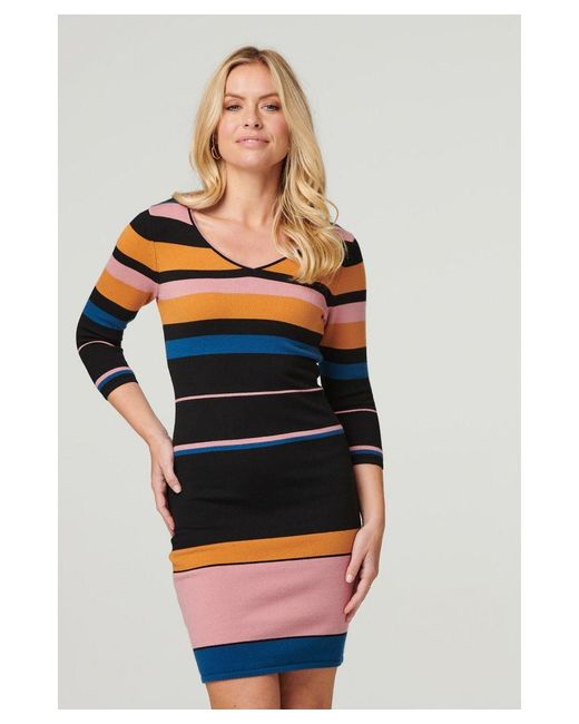Izabel London Black Striped 3/4 Sleeve Knit Dress