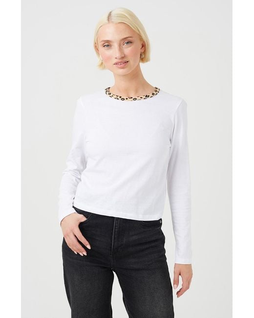 Brave Soul White Long Sleeve Contrast Print Neck Detail Top