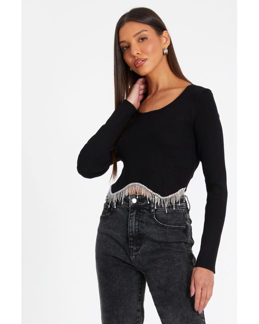Quiz Black Knitted Diamante Crop Top
