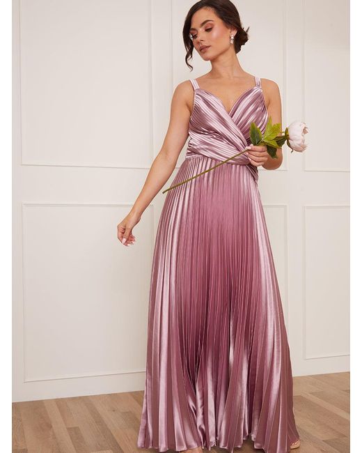 Chi Chi London Pink Petite Satin Cami Strap Pleated Maxi Dress