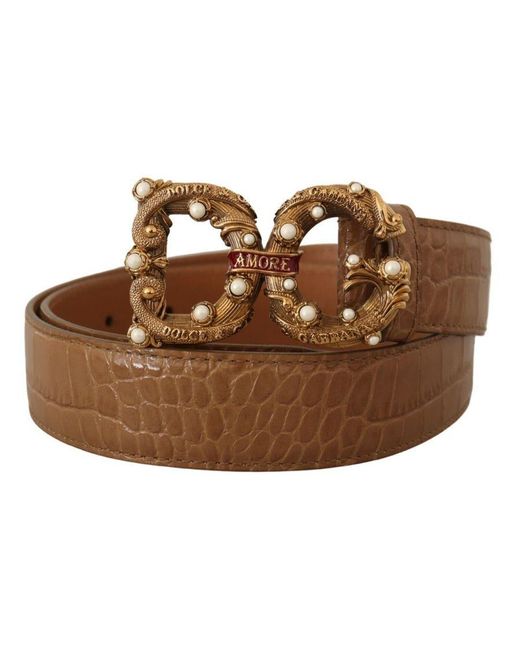 Dolce & Gabbana Brown Crocodile Pattern Leather Logo Amore Belt
