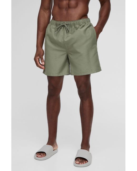 BoohooMAN Green Mid Length Swim Short In Khaki for men
