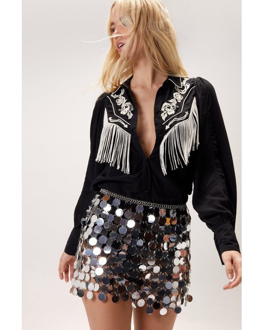 Nasty Gal Black Embroidered Fringe Western Shirt