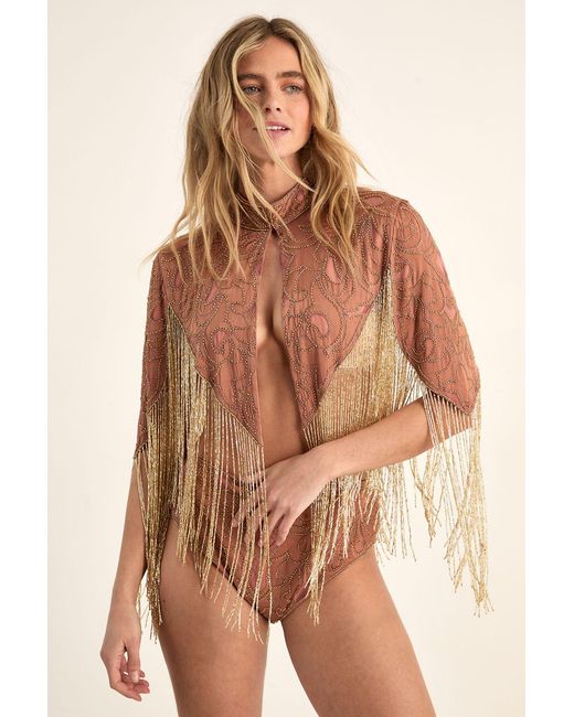Nasty Gal Brown Satin Cutwork Embellished Tassel Cape