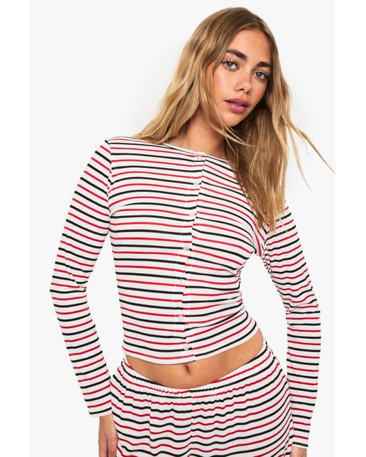 Boohoo Red Stripe Button Through Long Sleeve Top