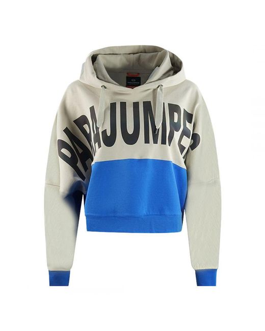 Parajumpers Blue Colour Block Design Bold Logo Cropped Hoodie