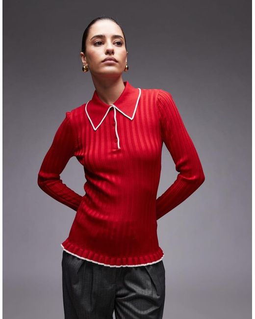 & Other Stories Red Knitted Rib Polo Top With Long Sleeves