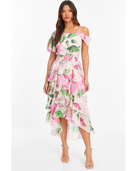 Quiz Nude Floral Cold Shoulder Tiered Midi Dress