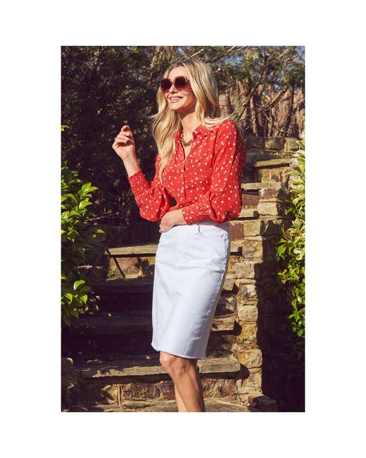 Sosandar Red Raw Hem Denim Skirt With Button Detail