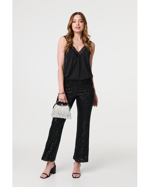 Izabel London Black High Waist Flared Sequin Trousers