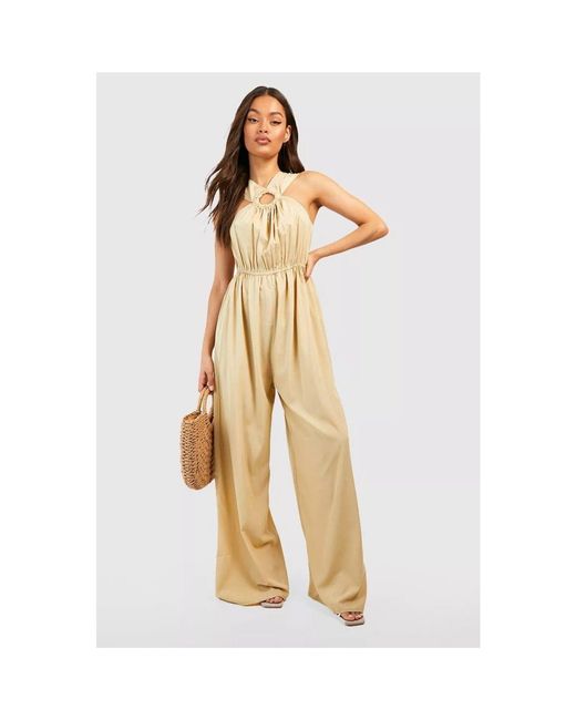 VIOLET ROMANCE Natural Halter Neck Solid Patterned Wide Leg Jumpsuit