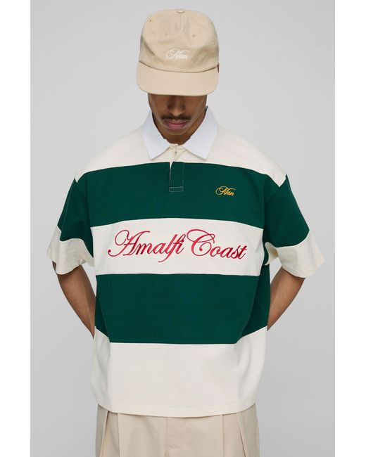 BoohooMAN Green Oversized Amalfi Striped Rugby Polo for men