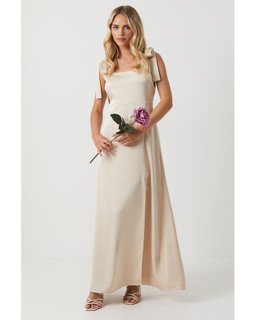 Oasis Natural Petite Satin Tie Shoulder Midi Bridesmaids Dress