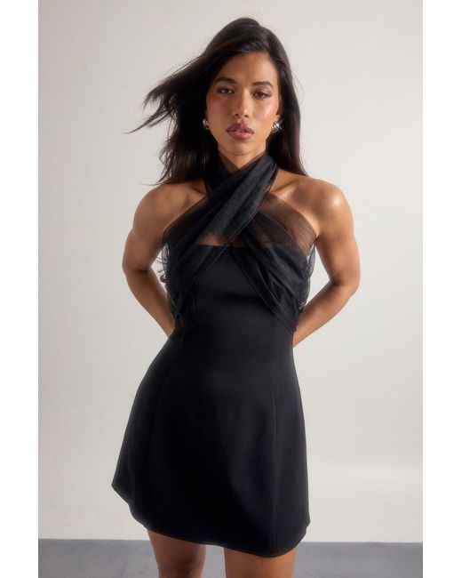 Boohoo Black Tulle Halterneck Mini Dress