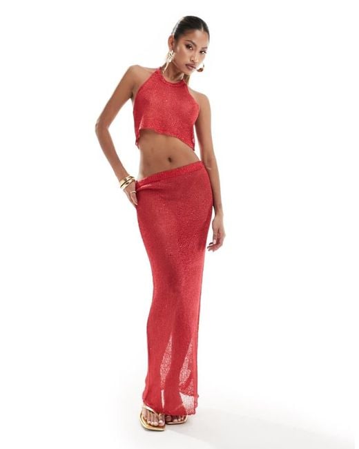 In The Style Red X Perrie Sian Exclusive Fine Knit Sequin Halterneck Crop Top Co-Ord