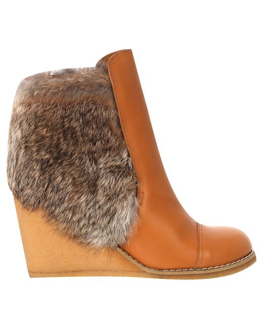 See By Chloé Brown Fur-Trimmed Wedge Ankle Boots