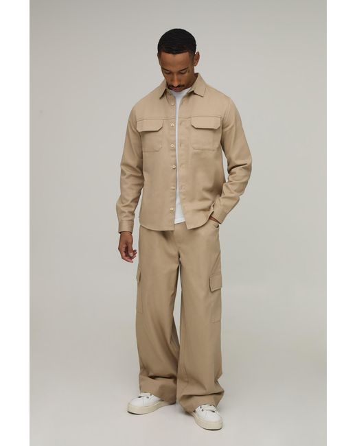 BoohooMAN Natural Regular Shirt & Straight Fit Cargo Trouser Set for men