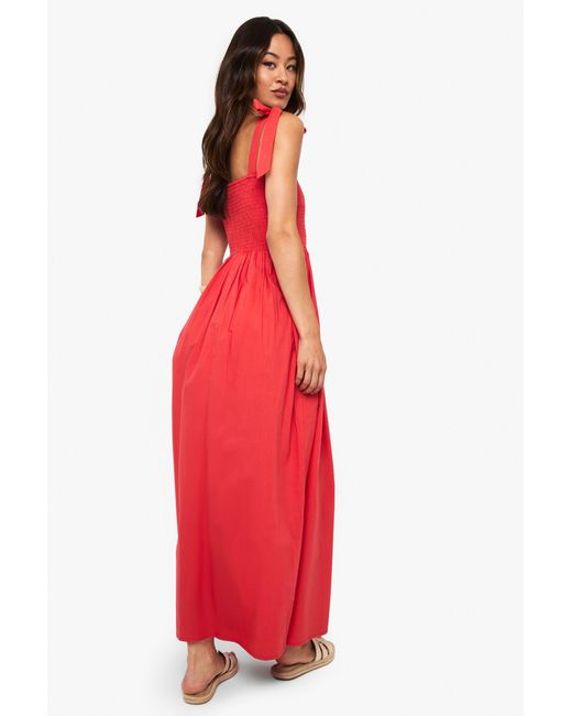 Boohoo Tall Tie Strap Shirred Poplin Maxi Dress
