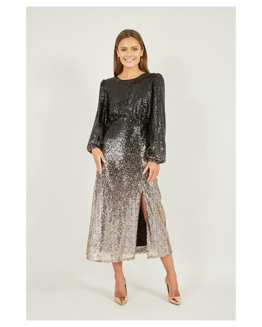 Yumi' Black And Sequin Ombre Long Sleeve Midi Dress