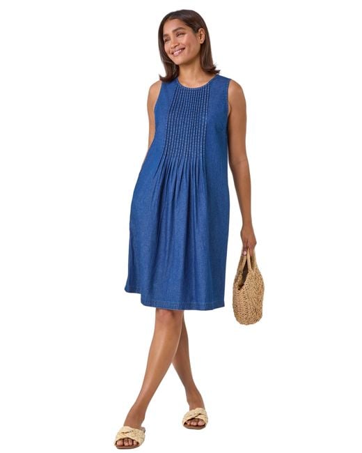Roman Blue Denim Pintuck Detail Pocket Dress