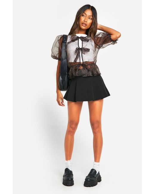 Boohoo Black Organza Micro Print Tie Front Puff Sleeve Top